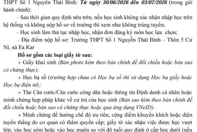 THÔNG BÁO NHẬP HỌC VÀ NỘP HỒ SƠ TRÚNG TUYỂN VÀO LỚP 10 NĂM HỌC 2026-2027